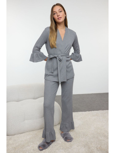 Trendyol Grey Melange Belted Ruffled Ribbed Knitted Pajama Set