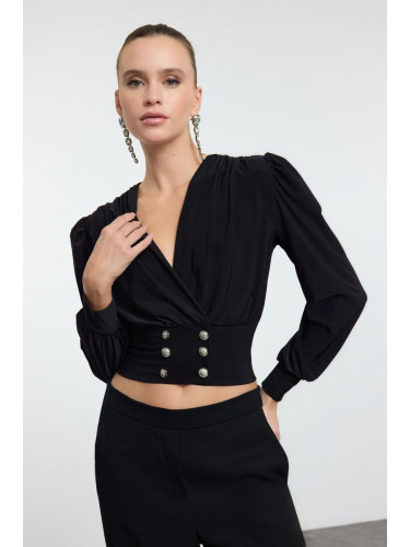 Trendyol Black Crop Button Detailed Knitted Blouse