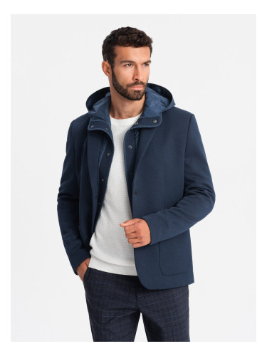 Ombre Men's jacket with hooded lining and high collar - navy blue