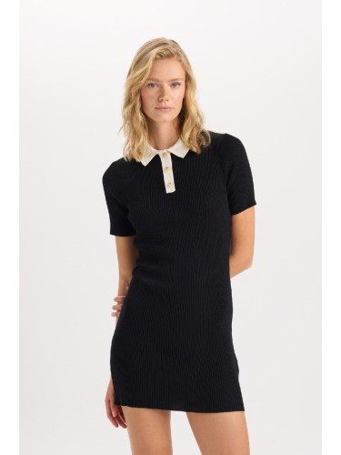 DEFACTO A-Line Polo Neck Basic Plain Ribbed Look Viscose Short Sleeve Mini Dress