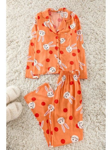 Trendyol Orange Rabbit Patterned Viscose Shirt-Pants Woven Pajama Set