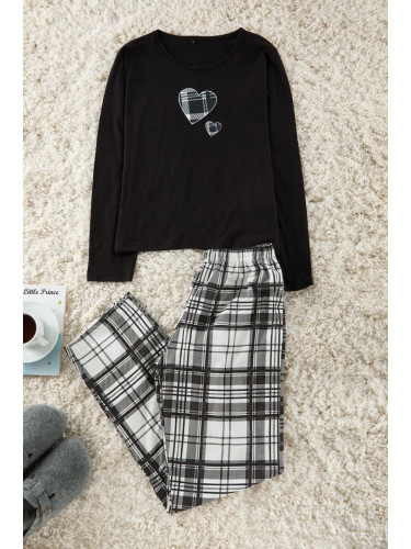 Trendyol Black Cotton Heart Plaid Knitted Pajama Set