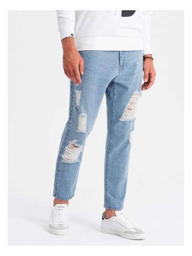 Ombre Men's TAPERED FIT denim pants with holes - light blue