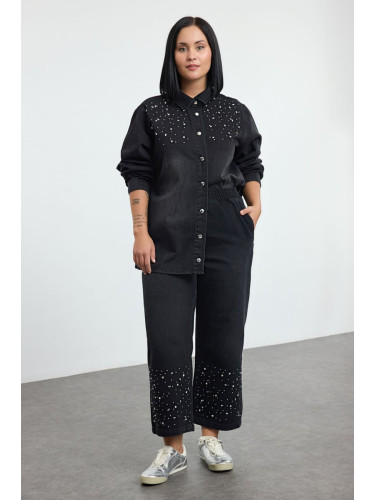 Trendyol Curve Anthracite Stoned Plus Size Denim Shirt