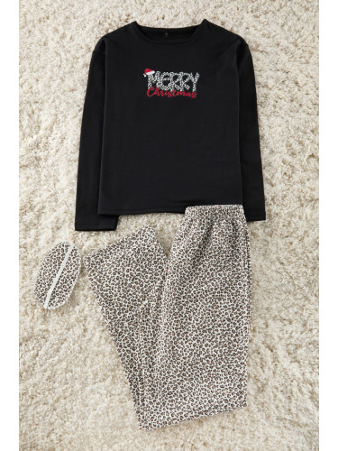 Trendyol Black Cotton Leopard Patterned and New Year Themed Sleep Band Knitted Pajama Set