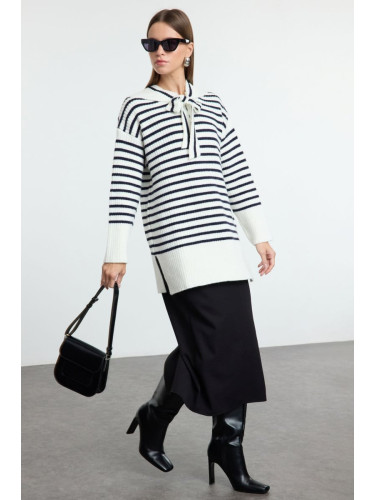 Trendyol Navy Blue Striped Sailor Collar Soft Textured Knitwear Sweater