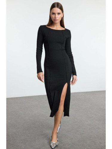 Trendyol Black Straight Slit Midi Boat Neck Fitted/Fits Slit Knit Dress