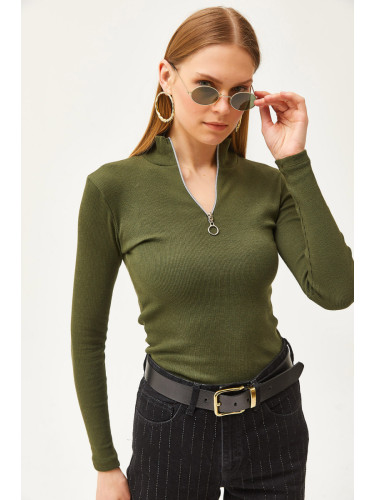 Olalook Khaki Zippered Turtleneck Lycra Blouse