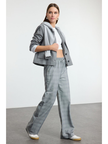 Trendyol Grey Plaid Elastic Waist Wide Leg/Wide Leg Woven Trousers