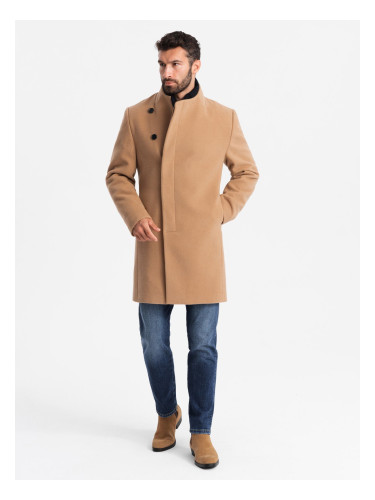 Ombre Men's coat with asymmetrical fastening and high collar - light brown