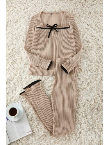 Trendyol Beige Ruffle Ribbon/Bow Ribbed Knitted Pajama Set