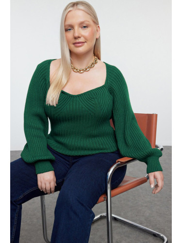 Trendyol Curve Emerald Green Heart Neck Ribbed Knit Sweater