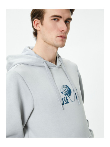 Koton Printed Hoodie with Slogan and Kangaroo Pocket on Back