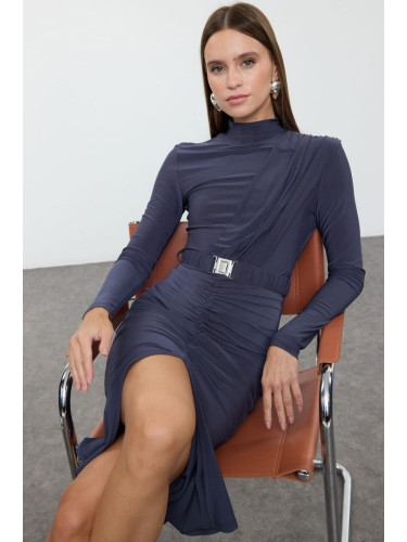 Trendyol Anthracite Plain Belted Midi Fitted/Fits the Body Standing Collar Draped Belted Knit Dress