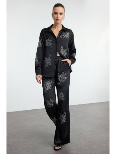 Trendyol Black Shiny Stone Printed Satin Woven Trousers