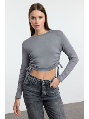 Trendyol Anthracite Side Gathered Crop Fitted/Fits Body Knitted Blouse