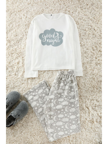 Trendyol White Cotton Galaxy Patterned Slogan Sleep Band Knitted Pajama Set