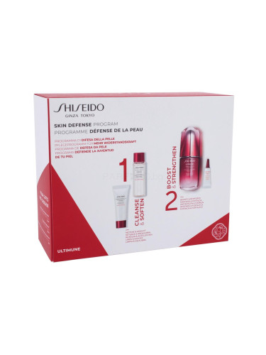 Shiseido Ultimune Skin Defense Program Подаръчен комплект серум за лице Ultimune Power Infusing Concentrate 50 ml + почистваща пяна Clarifying Cleansing Foam 15 ml + вода за лице Treatment Softener 30 ml + околоочен серум Ultimune Power Infusing Eye Concentrate 3 ml увредена кутия