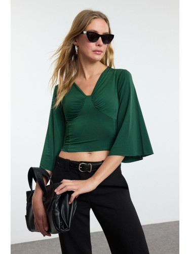 Trendyol Emerald Green Gathered/Draped Detailed Three Quarter Sleeve Flexible Knitted Blouse