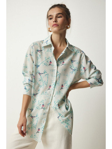 Happiness İstanbul Women's Ecru Green Patterned Oversize Satin Finished Shirt