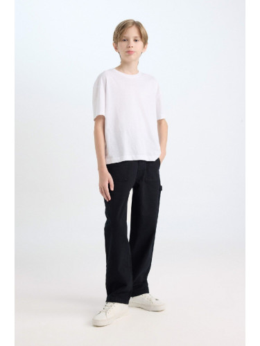 DEFACTO Boy's Loose Fit Standard Leg Cargo Pocket Basic Plain Gabardine Black Trousers