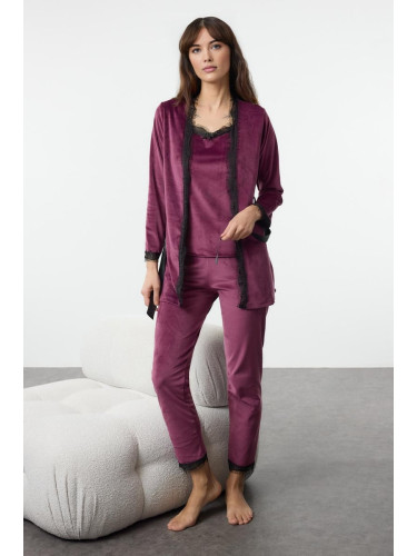 Trendyol Plum 3-Piece Belted Lace Detailed Velvet Knitted Pajama Set