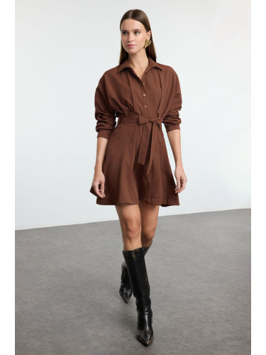 Trendyol Brown Mini Woven Shirt Dress with Open Waist Skirt