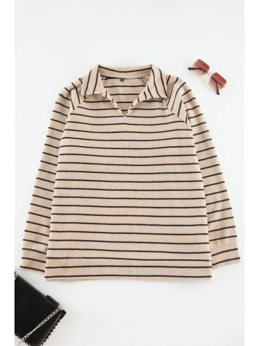 Trendyol Curve Beige*001 Striped Oversize/Wide Pattern Thessaloniki Polo Collar Knitted Plus Size Sweatshirt