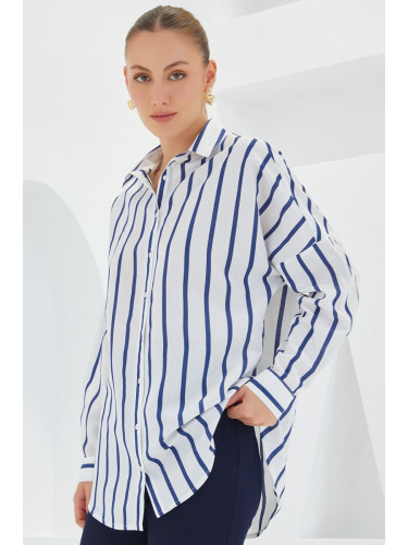 Bigdart Women's White Navy Blue Striped Oversize Basic Shirt 20254