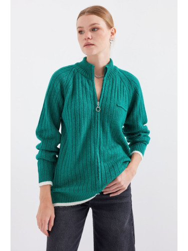 Bigdart 15863 Zippered Knitwear Cardigan - Emerald