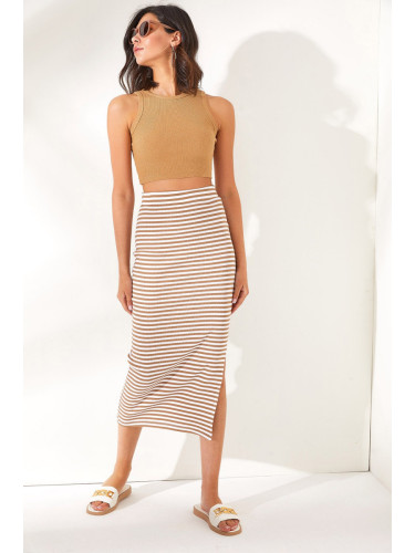 Olalook Women's Camel Slit Striped Lycra Midi Skirt