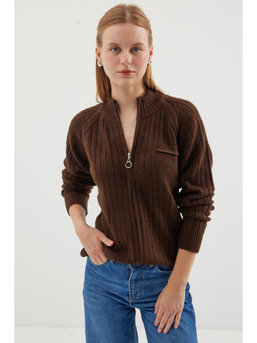 Bigdart 15880 Zippered Knitwear Cardigan - Brown