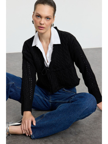 Trendyol Black Crop Tie Detail Knitwear Cardigan