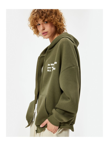 Koton Oversize Zippered Sweatshirt Hooded Pocket Detailed Printed Ribbed Raised