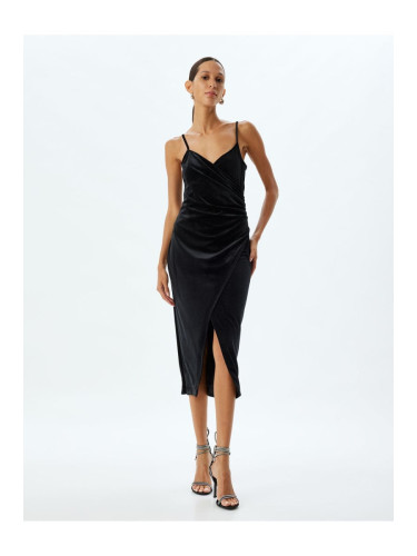 Koton Velvet Dress Glittery Midi Length Slit Detailed Straped V Neck Draped