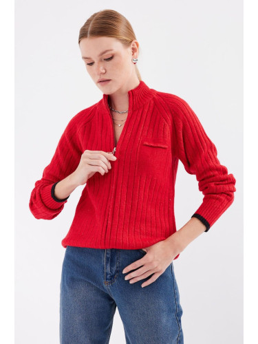 Bigdart 15863 Zippered Knitwear Cardigan - Red