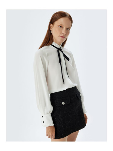 Koton Frilled Stand Collar Shirt with Bow Tie Detail Crepe Fabric