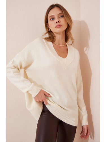 Happiness İstanbul Women's Cream V-Neck Oversize Knitwear Sweater