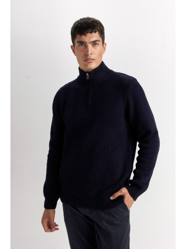 DEFACTO Navy Blue Standard Fit Regular Cut Bato Collar Zippered Basic Plain Knitwear Sweater