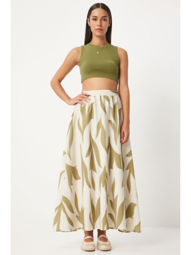 Happiness İstanbul Women's Cream Oil Green Patterned Maxi Skirt