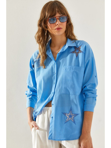 Bianco Lucci Women's Flam Linen Star Laser Cut Single Pocket Long Sleeve Shirt