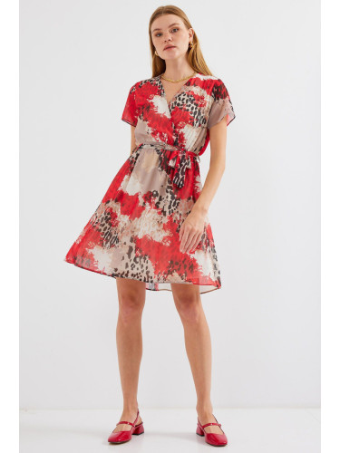 Bigdart 2502 Short Sleeve Patterned Chiffon Dress - Red