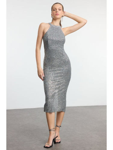 Trendyol Silver Fitted Knitted Lined Shiny Sequin Elegant Evening Dress