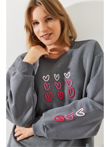 Bianco Lucci Women's Three Thread Raised Heart Printed Sweatshirt