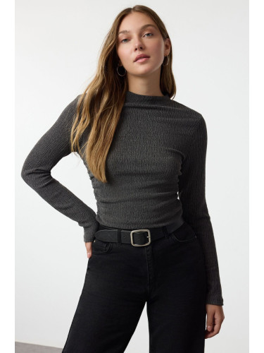 Trendyol Anthracite Stand Collar Gathered/Drape Detailed Regular/Normal Pattern Knitted Blouse