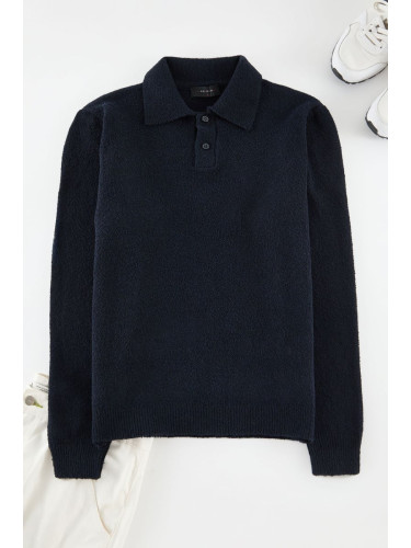 Trendyol Navy Blue Regular Polo Neck Textured Knitwear Sweater