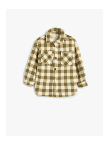 Koton Plaid Fleece Shirt Jacket with Pocket