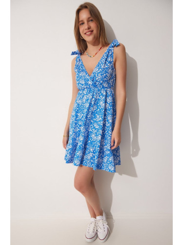 Happiness İstanbul Women's Blue Summer Floral Viscose Dress