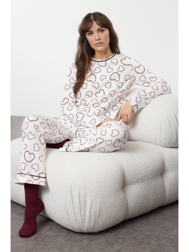 Trendyol White-Multicolored 100% Cotton Heart-shaped Knitted Pajama Set