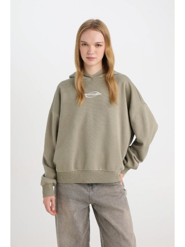 DEFACTO Women's Khaki Coool Loose Fit Printed Hooded Sweatshirt